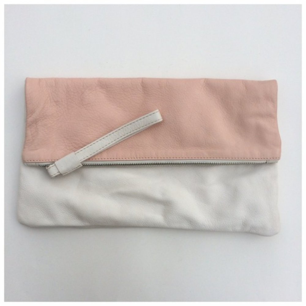 Alberta Di Canio Pink & White Leather Zip Top Foldover Clutch